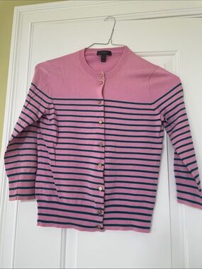 J. Crew Pink and Navy Striped Button-Front Cardigan